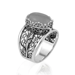Filigree Art Gray Moonstone Gemstone Tulip Detailed Silver Women Statement Ring