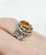 Citrine Gemstone Filigree Art Double Butterfly Detailed Women Silver Statement Ring