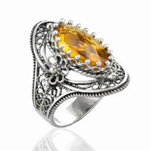 Citrine Gemstone Sterling Silver Women's Statement Ring with Daisy Figures