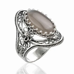 Gray Moonstone Gemstone Sterling Silver Women Statement Ring with Daisy Figures