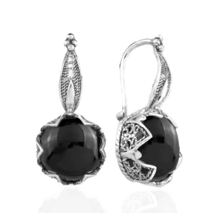 Elegant Filigree Leaf Pattern Black Onyx Gemstone 925 Sterling Silver Woman Drop Earrings