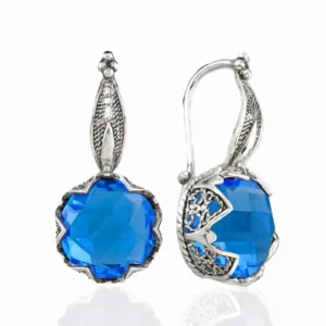 Elegant Filigree Leaf Pattern Blue Quartz Gemstone 925 Sterling Silver Drop Earrings