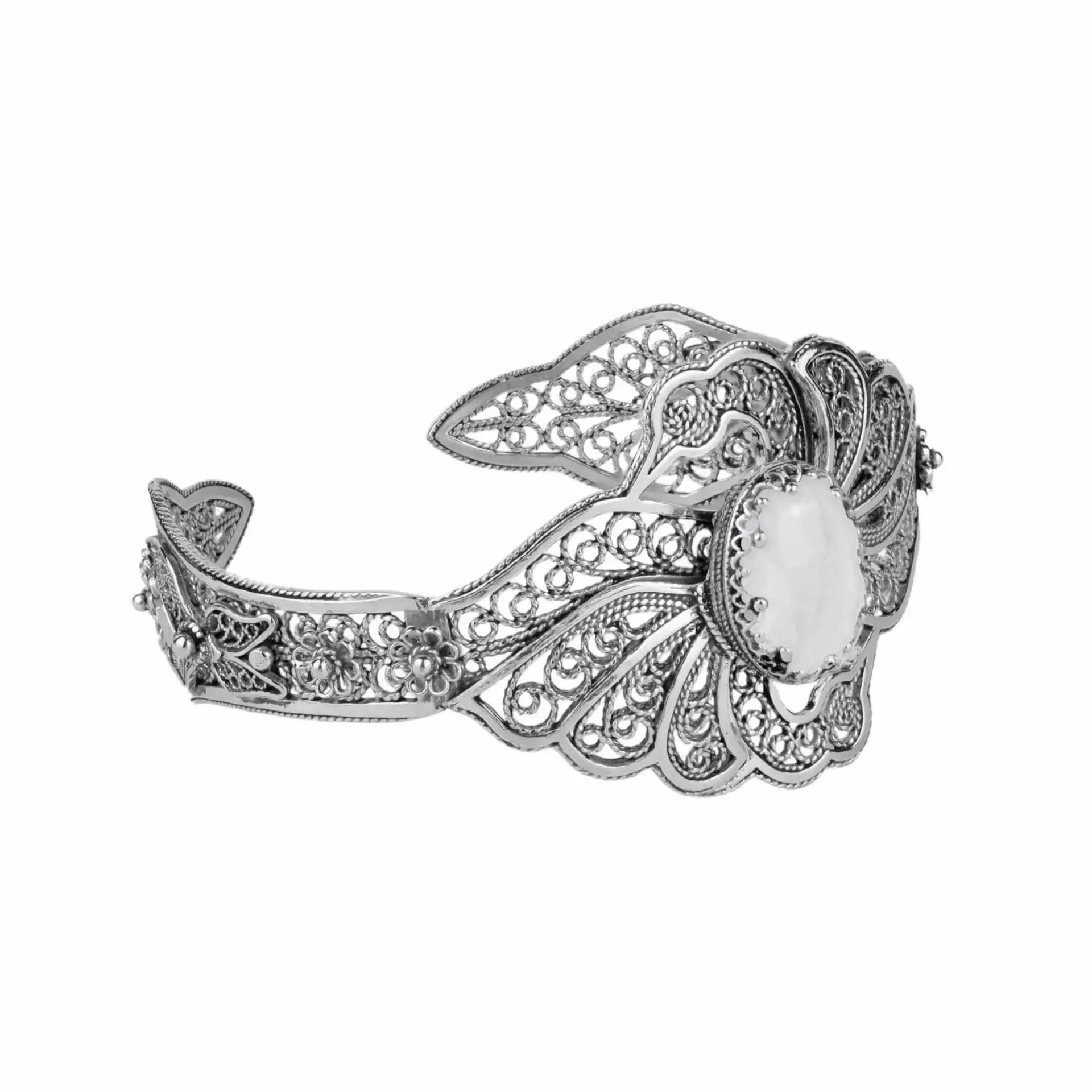 Elegant Filigree Art Double Swan Silver Cuff Bracelet with Mother of Pearl Gemstone