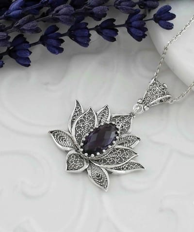 Filigree Art Amethyst Gemstone Blossoming Lotus Flower Women Silver Pendant Necklace 2