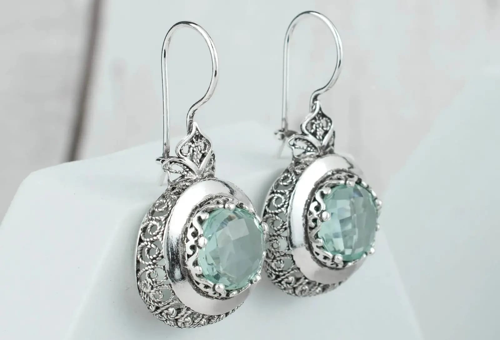 Filigranist Sterling Silver Filigree Art Drop Earrings with Aquamarine Gemstone