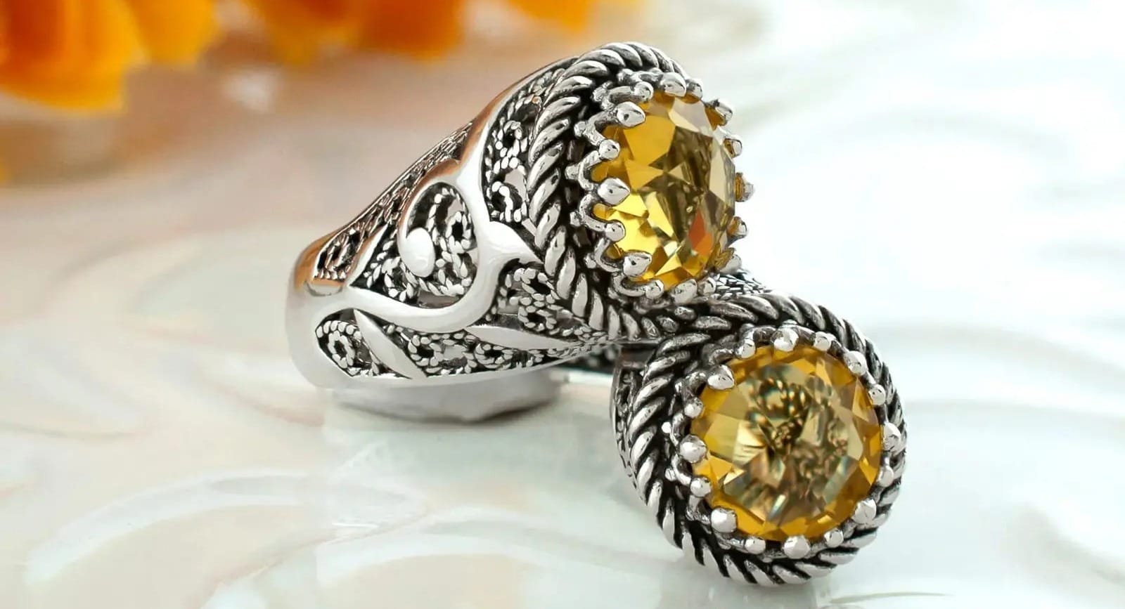 Filigranist Sterling Silver Womans Bypass Ring with Citrine Gemstone November Birthstone