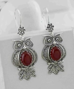 Filigree Art Owl Figured Carnelian Gemstone 925 Silver Dangle Earrings
