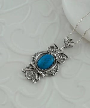 Elegant Filigree Art Owl Turquoise Gemstone Women Silver Pendant Necklace
