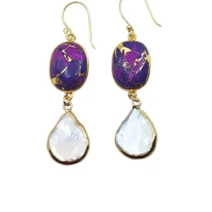 Rome Earrings in Purple Mojave and Pearl - Elegant Gold Dangle Earrings with Unique Semi-Precious Stones