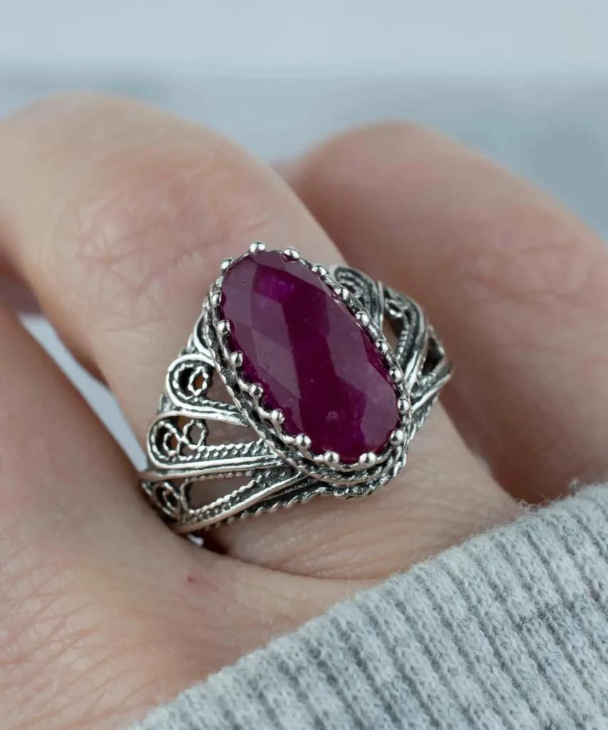 Sterling Silver Filigree Art Ruby Corundum Gemstone Angel Wings Ring