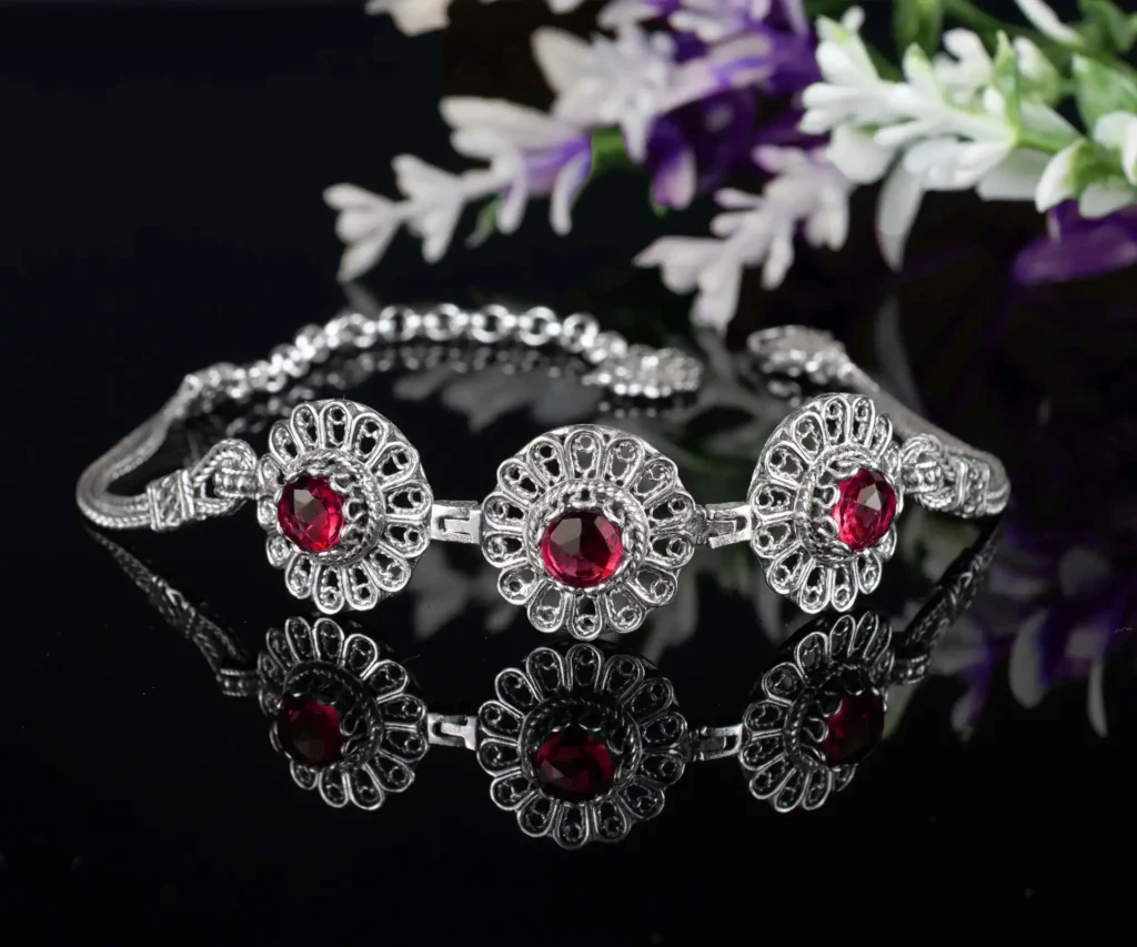 Ruby Gemstone Women Silver Link Bracelet