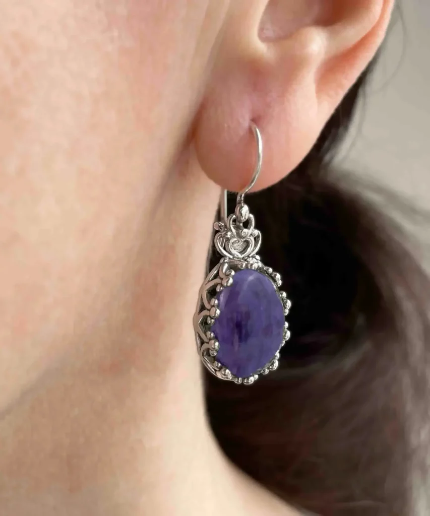 Elegant Filigree Art Charoite Gemstone Crown Silver Oval Drop Earrings for Women