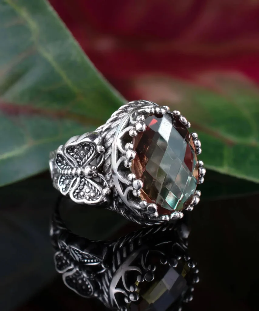 Alexandrite Gemstone Filigree Art Double Butterfly Detailed Women Silver Statement Ring