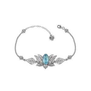 Filigree Art Silver Blue Topaz Gemstone Lotus Flower Design Woman Link Bracelet