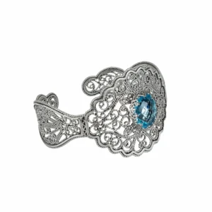 Filigree Art Blue Topaz Gemstone Lace Detailed Women's Silver Cuff Bracelet