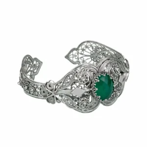 Handmade Sterling Silver Filigree Green Agate Cuff Bracelet for Women - Elegant & Adjustable Jewelry Gift