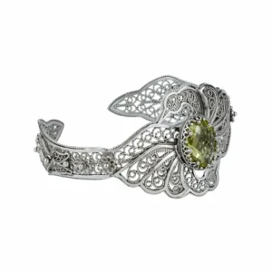 Elegant Filigree Art Lemon Quartz Gemstone Double Swan Silver Cuff Bracelet for Women