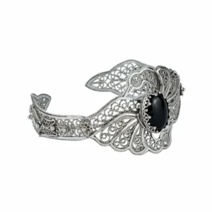 Filigree Art Black Onyx Gemstone Double Swan Figured Women Silver Cuff Bracelet - Elegant and Unique Statement Piece