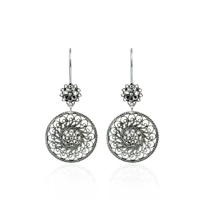 Exquisite Filigree Art Spiral Flower Dangle Drop Earrings - Womens 925 Sterling Silver, Antique Finish