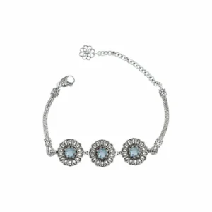 Filigree Art Blue Topaz Gemstone Women Silver Link Bracelet - Handmade, Sterling Silver, Adjustable Length