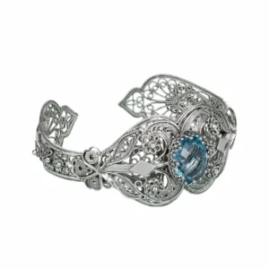 Sterling Silver Filigree Art Blue Topaz Gemstone Women Cuff Bracelet