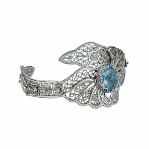 Elegant Filigree Art Blue Topaz Gemstone Swan Silver Cuff Bracelet for Women