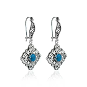Sterling Silver Filigree Art Turquoise Gemstone Women Dangle Drop Earrings