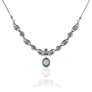 Elegant Filigree Art Blue Topaz Gemstone Silver Princess Necklace for Women Perfect Gift for Special Occasions