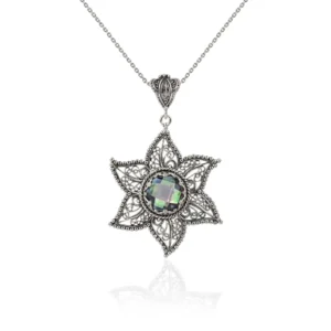 Filigree Art Rainbow Quartz Gemstone Star Design Women Silver Pendant Necklace - Handcrafted Sterling Silver Jewelry