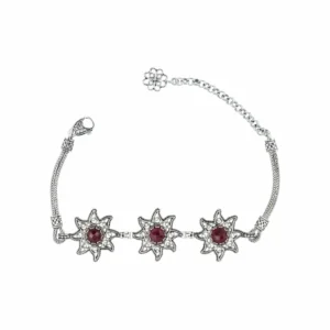 Filigree Art Ruby Corundum Gemstone Star Figured Women Silver Link Bracelet - Handmade, Adjustable Length, Elegant Design