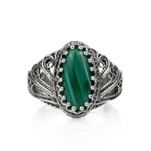 Filigree Art Malachite Gemstone Angel Design Women Silver Cocktail Ring