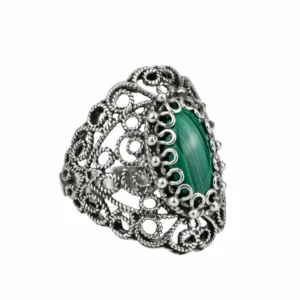 Filigree Art Malachite Gemstone Lace Silver Statement Ring