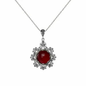 Filigree Art Carnelian Gemstone Floral Design Women Silver Pendant Necklace - Handcrafted Sterling Silver Pendant with Stunning Carnelian Gemstone