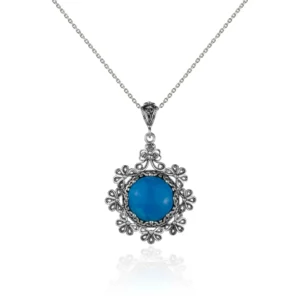 Filigree Art Turquoise Gemstone Floral Design Women Silver Pendant Necklace