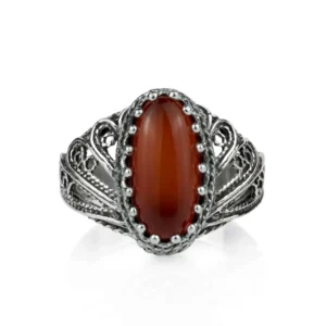 Filigree Art Carnelian Gemstone Angel Design Women Silver Cocktail Ring - Exquisite Craftsmanship and Timeless Elegance