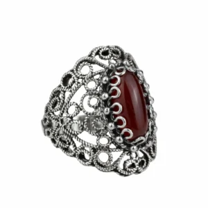 Filigree Art Carnelian Gemstone Lace Detailed Women Silver Statement Ring - Handmade Jewelry