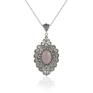 Filigree Art Rose Quartz Gemstone Floral Women Silver Oval Pendant Necklace