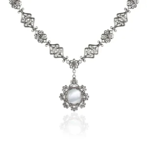 Elegant Filigree Art Mother of Pearl Gemstone Silver Choker Necklace for Women - 17 inches with 2-inch Extension, Perfect Gift
