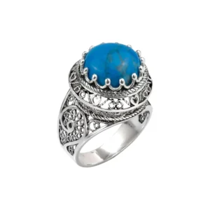 Filigree Art Turquoise Stone Woman Silver Statement Ring - Exquisite Design