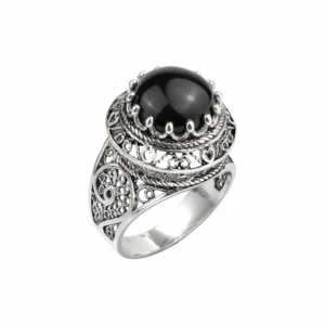 Captivating Filigree Art Black Onyx Gemstone Woman Silver Dome Ring