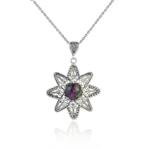 Filigree Art Ruby Zoisite Gemstone Sunflower Design Women Silver Pendant Necklace