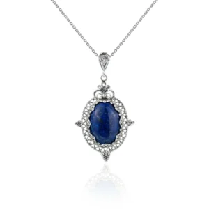 Filigree Art Lapis Lazuli Gemstone Women Silver Oval Pendant Necklace