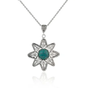 Filigree Art Turquoise Gemstone Sunflower Design Silver Pendant Necklace