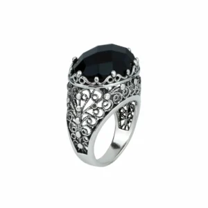 Captivating Filigree Art Black Onyx Gemstone Women Silver Dome Statement Ring