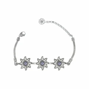 Filigree Art Amethyst Gemstone Star Figured Women Silver Link Bracelet - Elegant Handmade Design