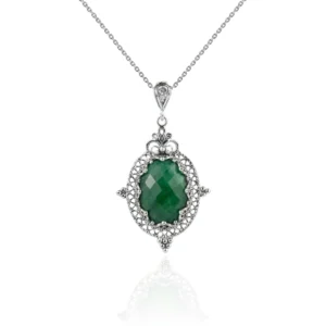 Filigree Art Emerald Gemstone Women Silver Oval Pendant Necklace