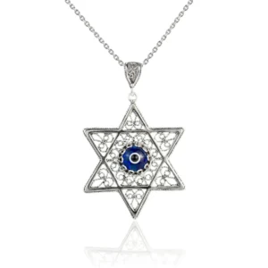 Filigree Art Evil Eye Stone Star of David Women Silver Pendant Necklace