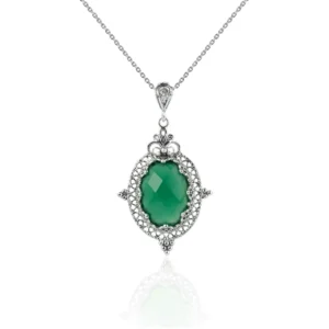 Filigree Art Green Agate Gemstone Women Silver Oval Pendant Necklace