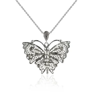 Filigree Art Butterfly Figured Women Silver Pendant Necklace - Handcrafted and Elegant
