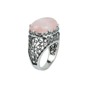 Filigree Art Rose Quartz Gemstone Women Silver Dome Statement Ring - Shop Now